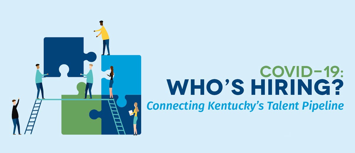 Who's hiring? Connecting Kentucky's Talent Pipeline. (graphic illustration of people working together)