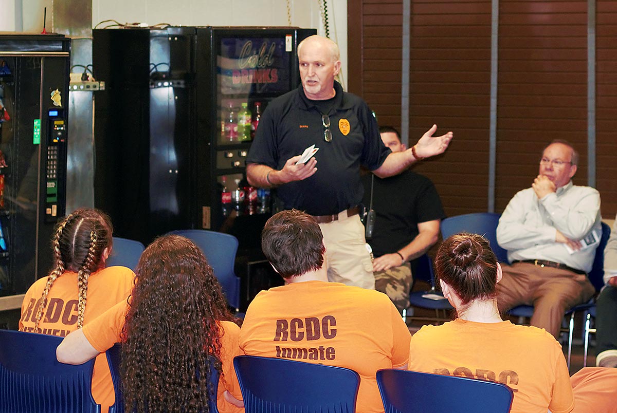 Russell County Jailer Bobby Dunbar speaks to a group of soon-to-be released inmates at the Russell County Detention Center on January 10, 2020.